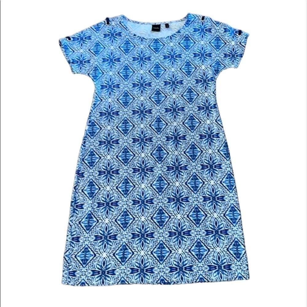 Rafaella women’s blue tribal geo print midi dress with cut out detail